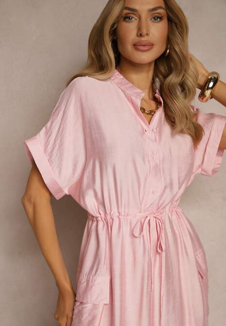 Różowa Sukienka z Wiskozą o Koszulowym Kroju z Wiązaniem w Pasie Pollivia