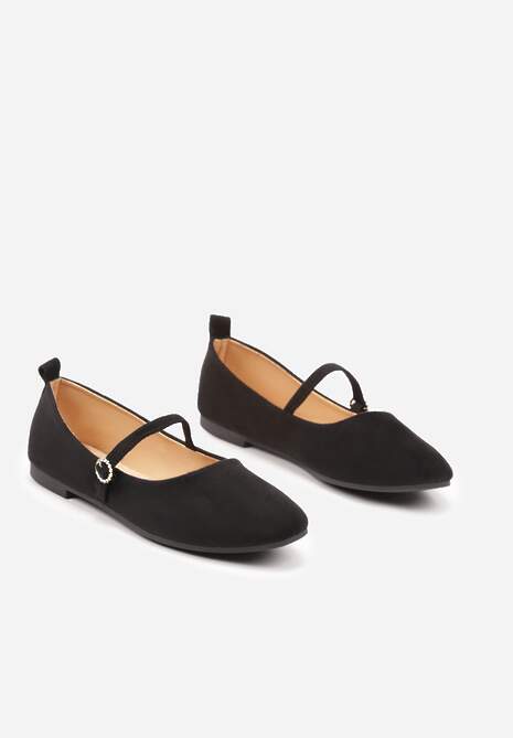 Czarne Balerinki Zapinane na Sprzączkę z Wkładką ze Skóry Derilia