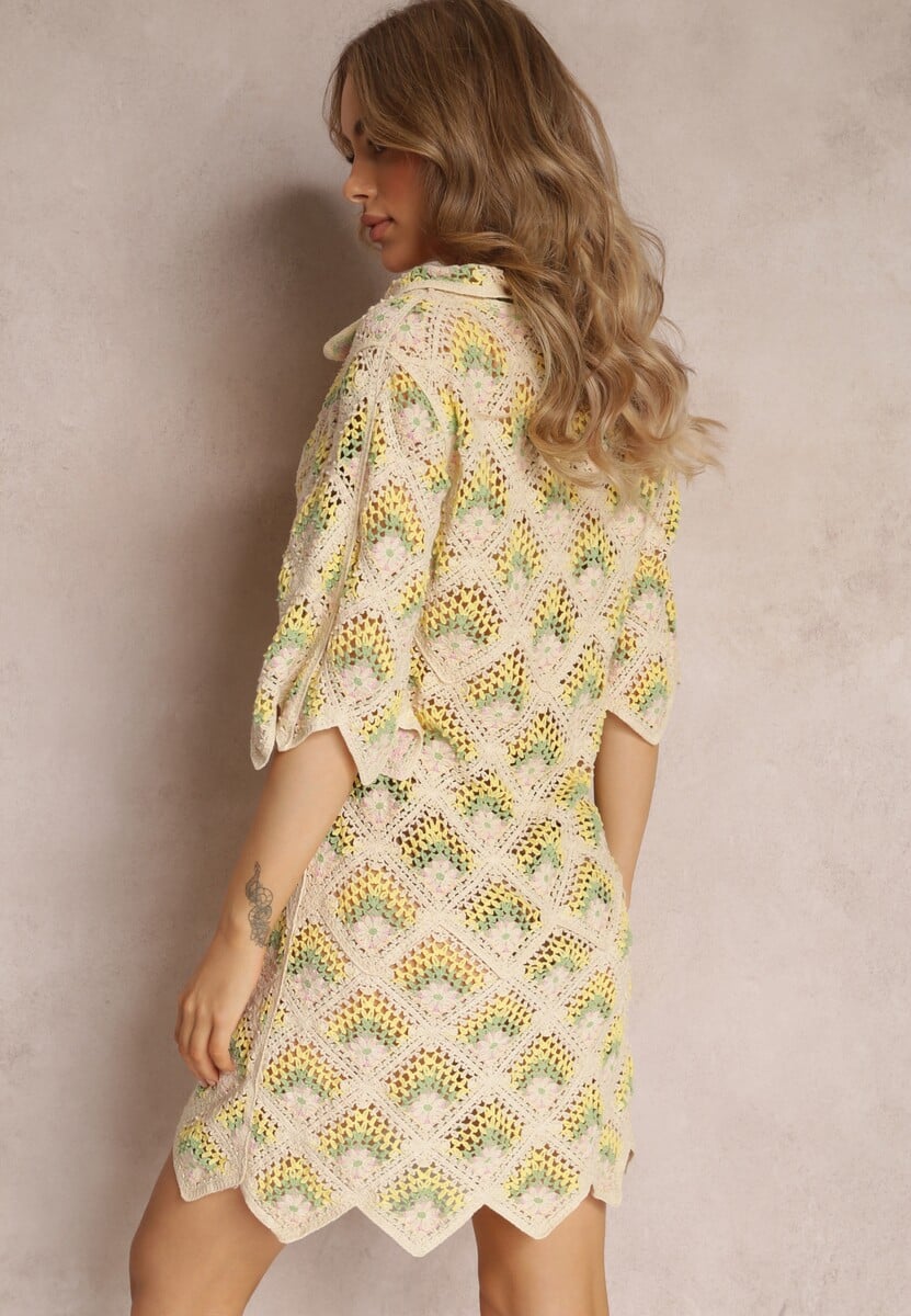 Beżowo-Zielona Szydełkowa Sukienka z Głębokim Dekoltem i Krótkim Rękawem z Bawełny Achla