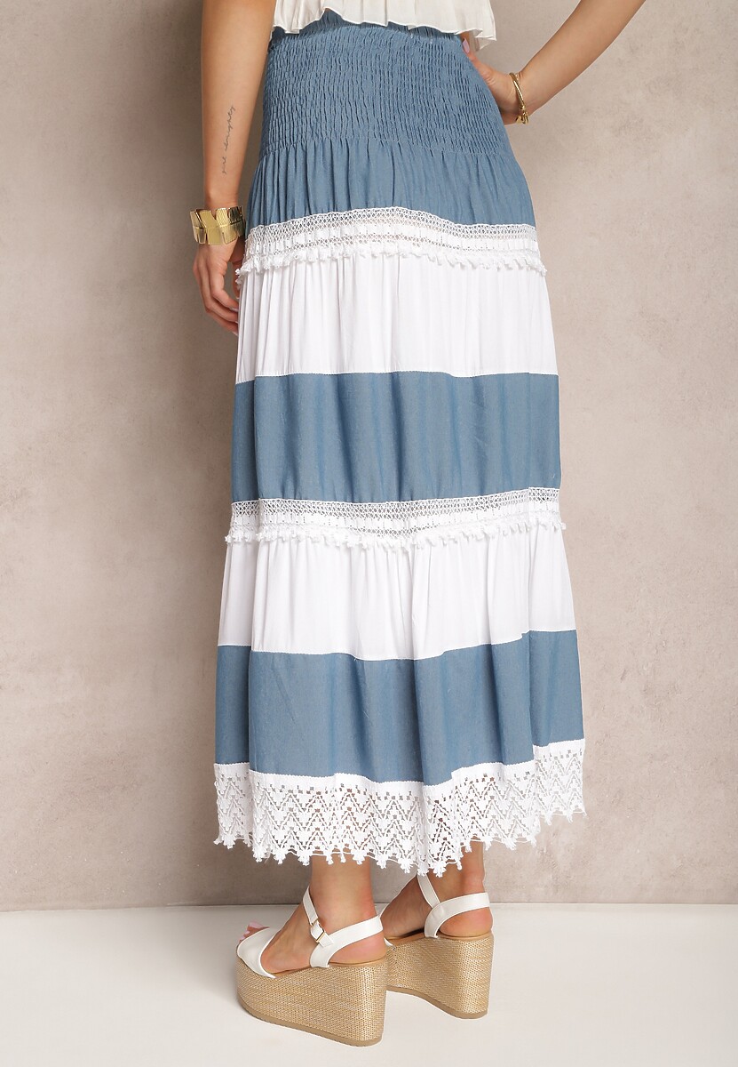 Niebiesko-Biała Spódnica z Bawełny w Stylu Boho z Gumką i Sznurkiem w Talii Uvinia