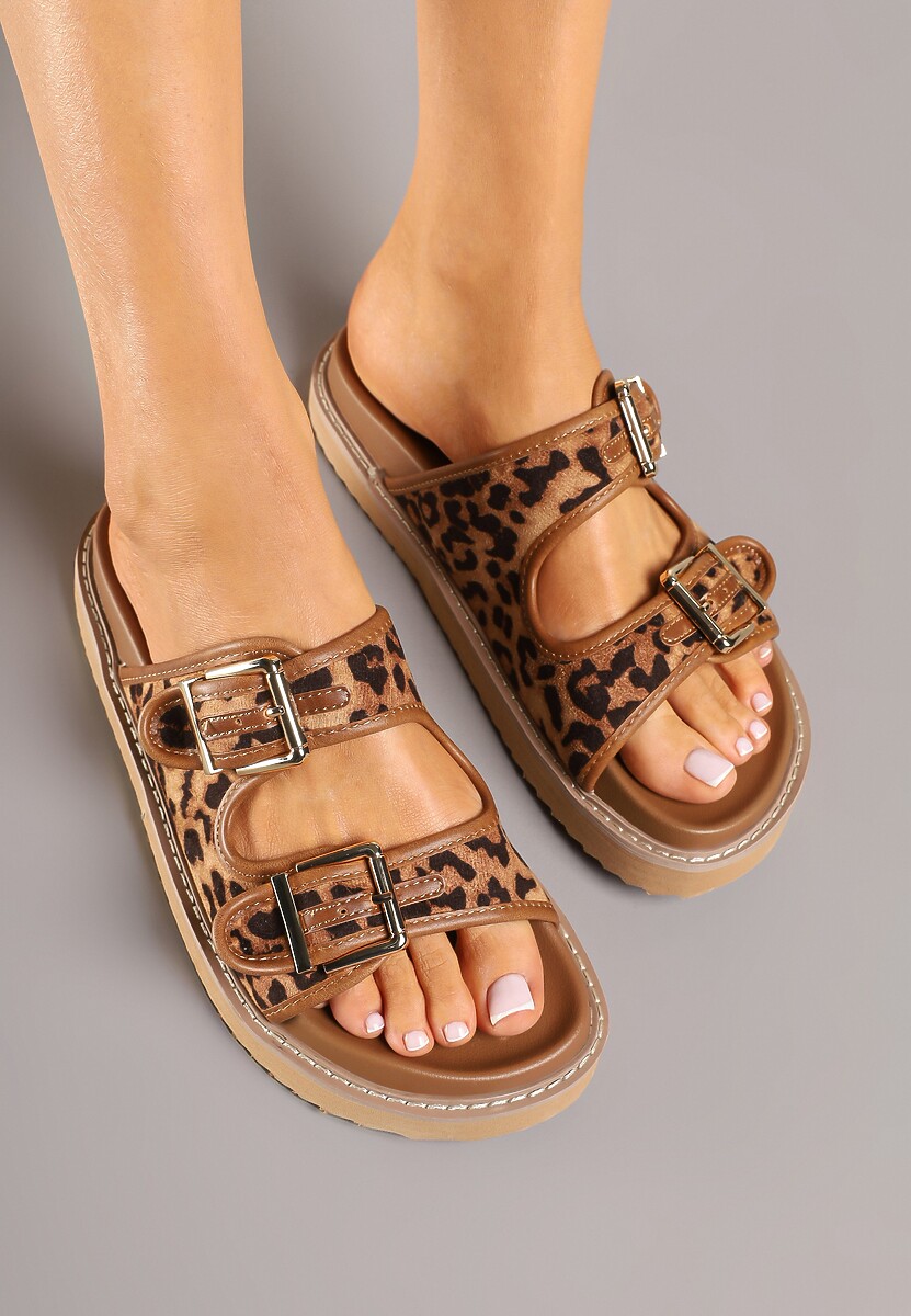 Brązowe Panterkowe Casualowe Klapki z Paskami ze Sprzączkami Palamara