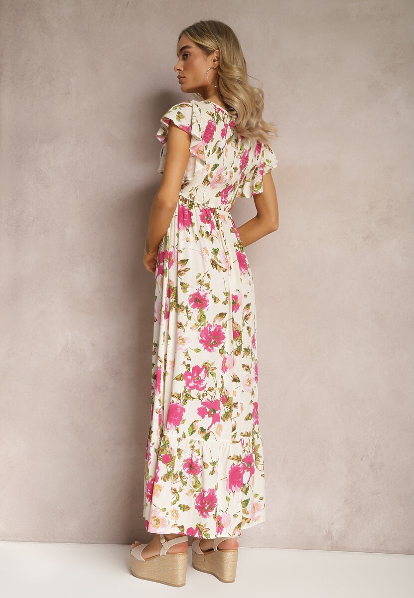 Jasnobeżowa Wiskozowa Sukienka w Kwiatowy Print Rozkloszowana Maxi Veradisia