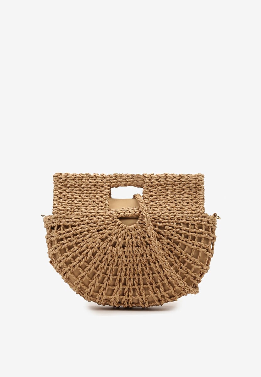 Ciemnobeżowa Jednokomorowa Pleciona Torebka o Półokrągłym Kształcie z Rączkami i Paskiem Iknunia