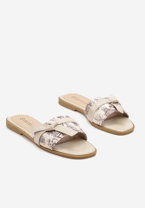 Beżowe Klapki Ozdobione Plecionką i Supełkiem Polselia