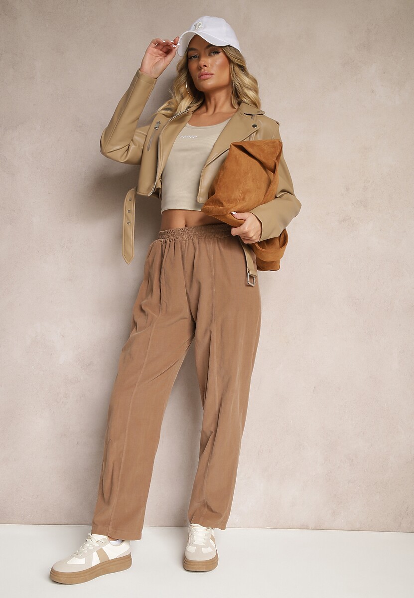 Brązowe Bawełniane Spodnie High Waist w Klasycznym Stylu Arivora