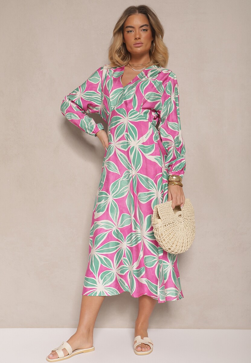 Zielono-Fuksjowa Kopertowa Sukienka z Wiskozy w Kwiaty Frolhiria