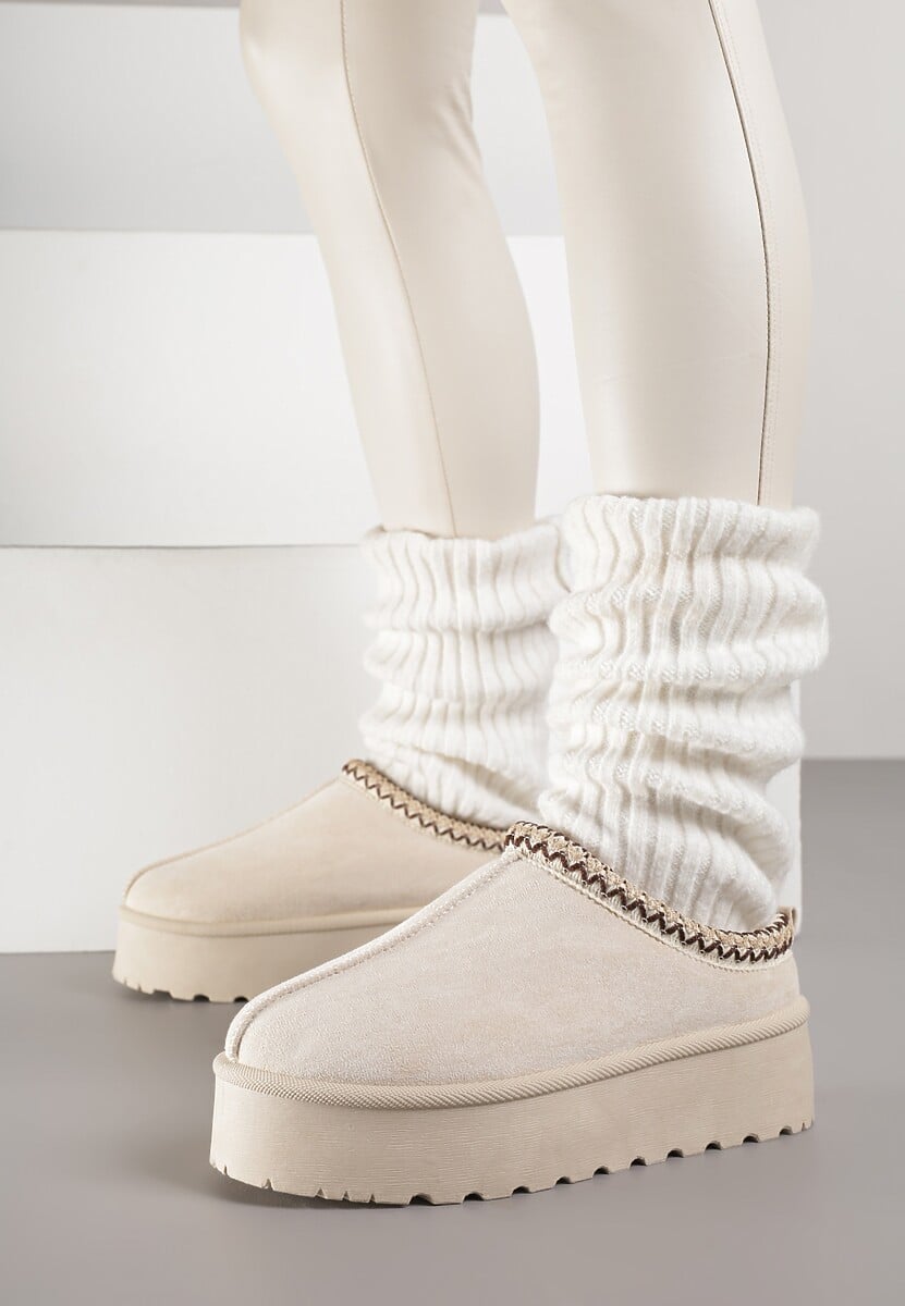 Beżowe Śniegowce na Platformie z Niską Cholewką i Haftowanym Wzorem Zivilae