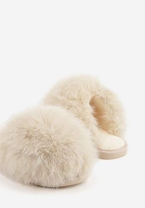 Beżowe Miękkie Kapcie Ozdobione Długim Włosiem Cendria