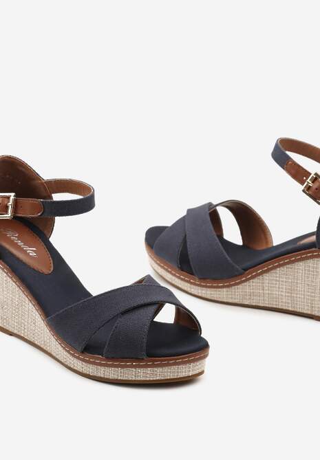 Granatowe Sandały Espadryle na Wysokim Koturnie z Plecionką Nitzy