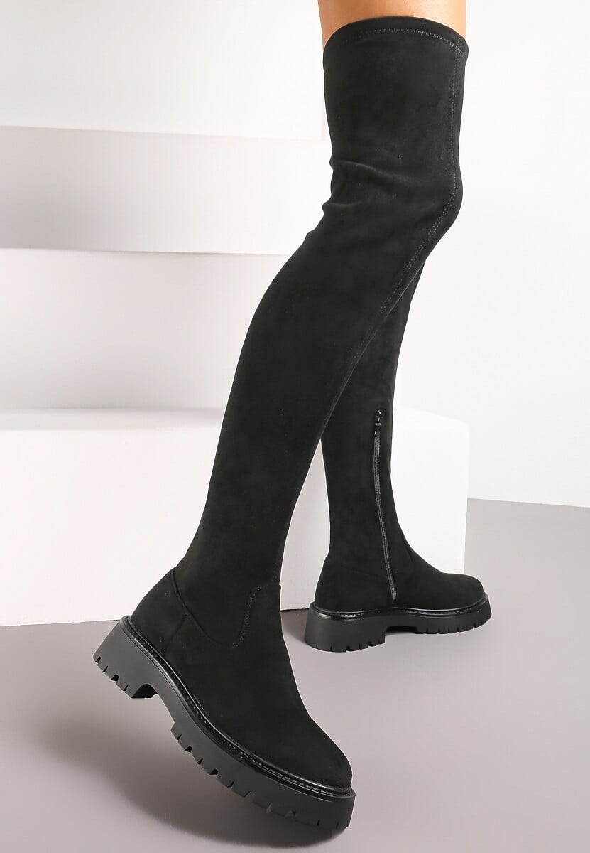 Czarne Kozaki za Kolano na Grubej Podeszwie z Protektorem Ludra