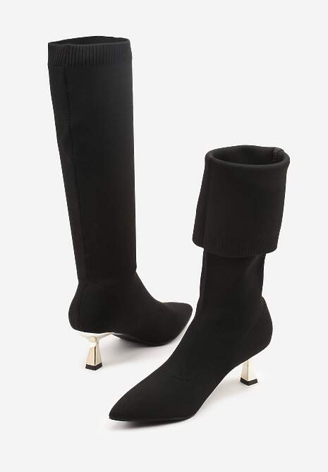 Czarno-Złote Kozaki Vices na Kaczuszce Ozdobione Skarpetową Cholewką Asonelle