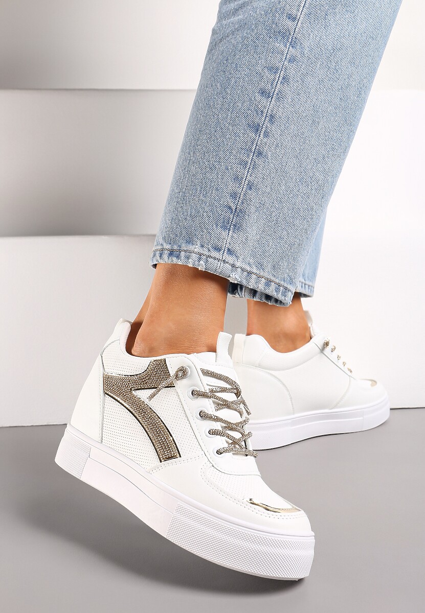 Biało-Złote Sneakersy ze Wstawką z Cyrkonii na Ukrytym Koturnie Hricane