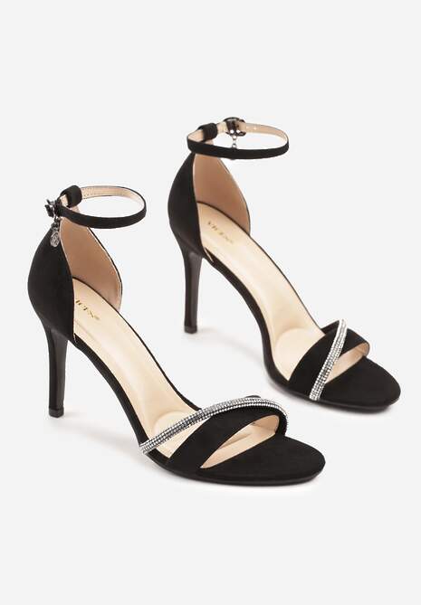 Czarne Sandały na Szpilce Vices Ozdobione Paskiem z Cyrkonii Linarunia