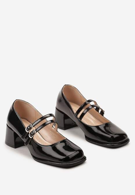 Czarne Czółenka z Lakierowanej Ekoskóry na Słupku ze Sprzączkami Danida