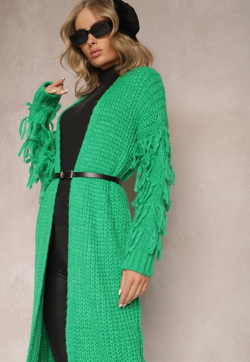 Jasnozielony Długi Kardigan Dzianinowy z Ozdobnymi Frędzlami i Paskiem Mesfin