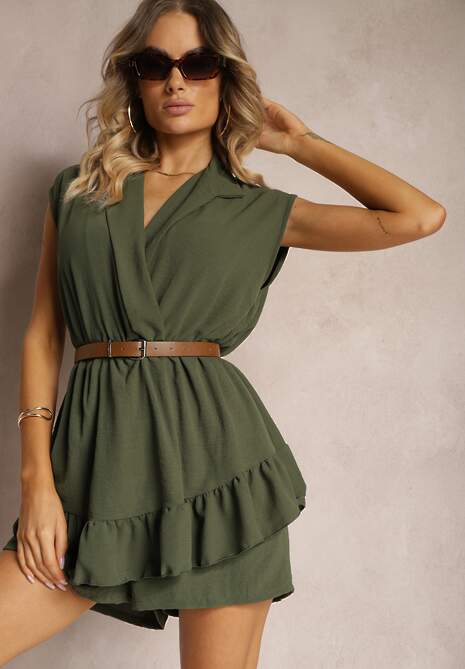 Ciemnozielony Kombinezon z Zakładką Imitującą Spódniczkę i Kołnierzykiem Norinivia