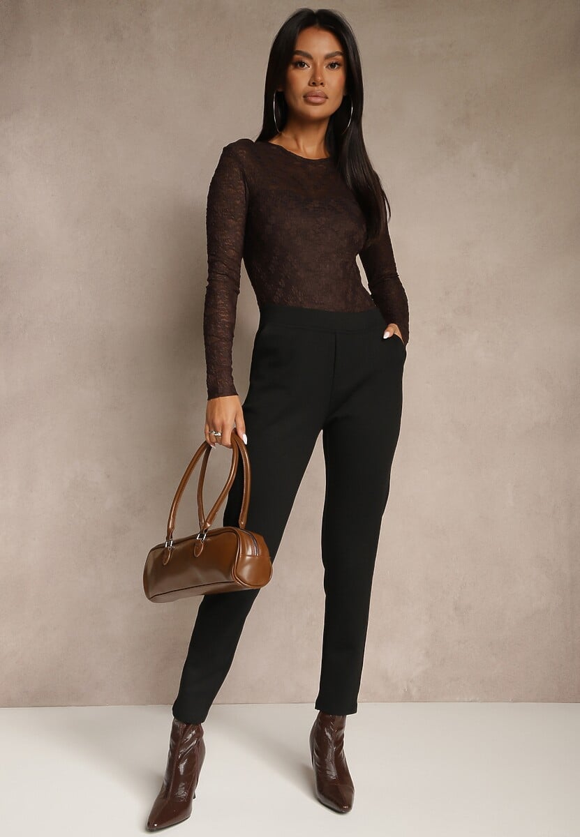 Czarne Spodnie o Kroju Skinny z Gumką w Talii i Wsuwanymi Kieszeniami Aronella