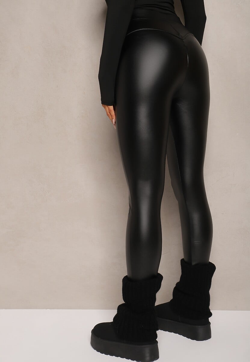 Czarne Legginsy Push-Up z Ekoskóry Ocieplone Polarkiem Alabella