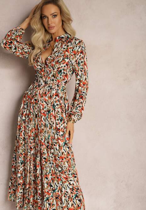 Pomarańczowa Sukienka Koszulowa na Guziki z Falbaną Eriso