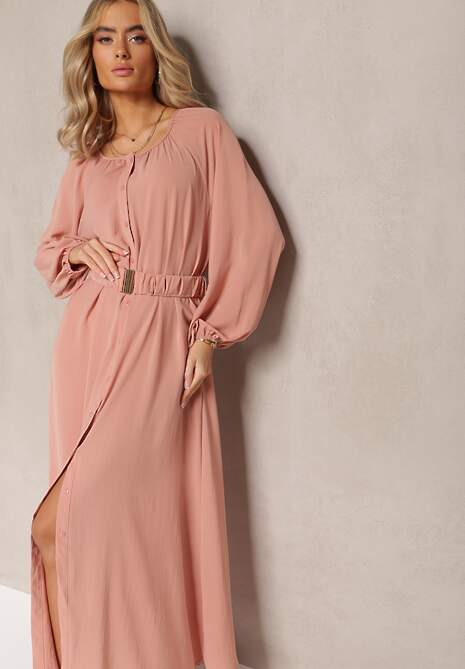 Ciemnoróżowa Sukienka Maxi o Swobodnym Kroju z Guzikami i Paskiem z Metaliczną Klamrą Ferian