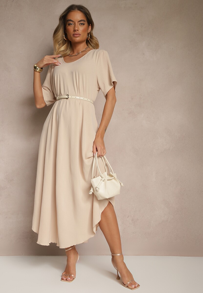 Beżowa Sukienka z Bawełną o Rozkloszowanym Kroju Lilzedi