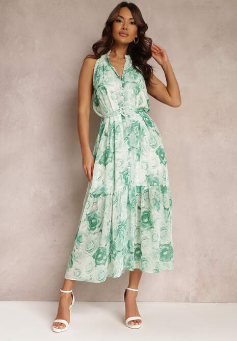 Zielona Rozkloszowana Sukienka w Kwiaty z Paskiem Ademora