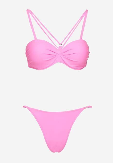 Jasnoróżowe Bikini Majtki Typu Figi i Biustonosz z Ozdobnymi Paskami Fadelinna