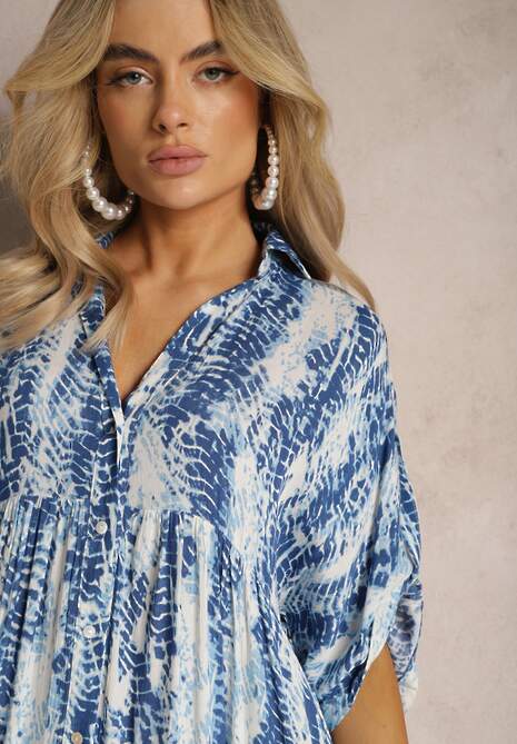 Niebieska Rozkloszowana Sukienka z Kołnierzykiem z Wiskozy z Modnym Wzorem Ilvana