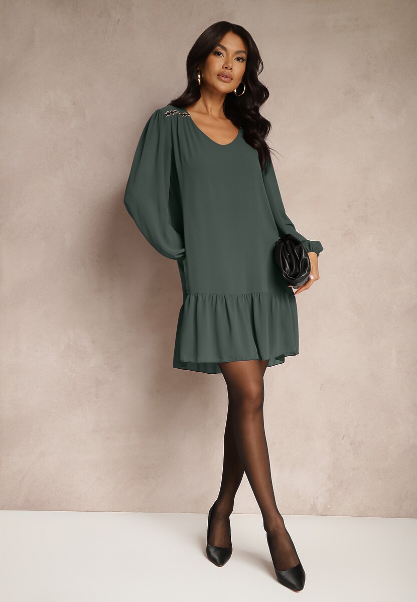 Ciemnozielona Sukienka z Wiskozą z Bufiastymi Rękawami i Falbanką u Dołu z Siateczki Ilita