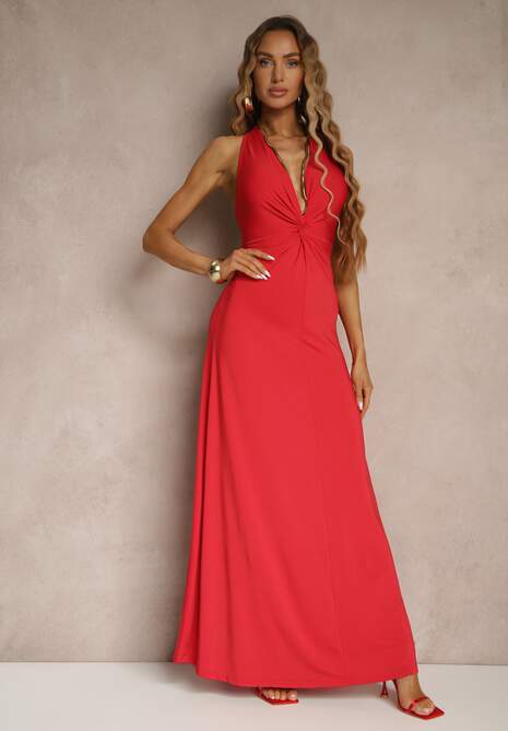 Czerwona Marszczona Sukienka z Wiskozą o Rozkloszowanym Fasonie Bez Rękawów Folonea