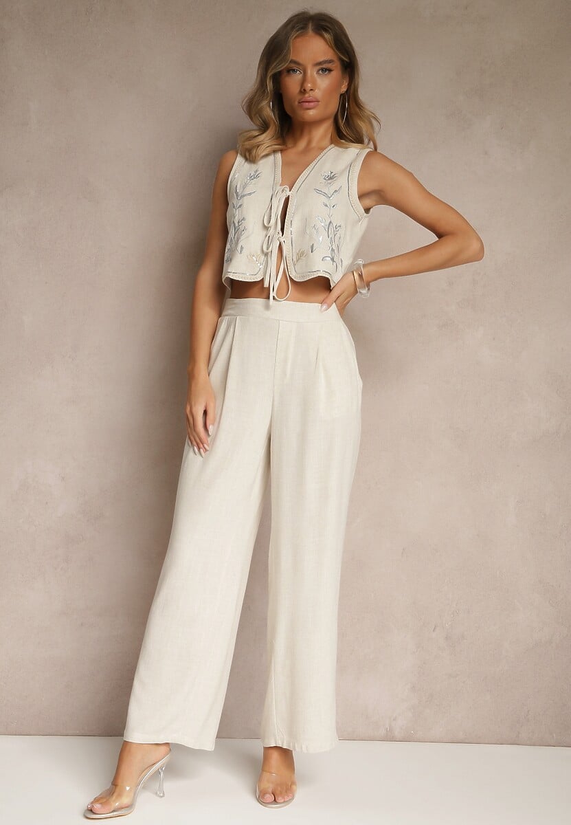 Beżowy Wiskozowy Komplet z Lnem Szerokie Spodnie i Wiązana Kamizelka Raliwena