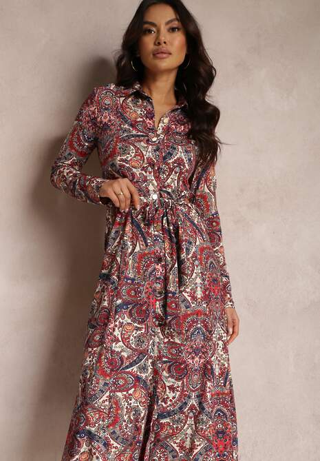 Czerwona Sukienka Koszulowa z Długim Rękawem i Wiązanym Paskiem Limiria