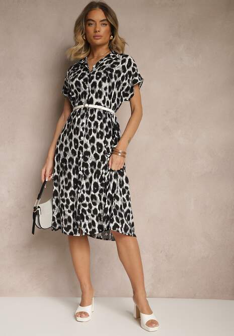 Szaro-Czarna Koszulowa Sukienka z Bawełny w Panterkowy Print Iffiera