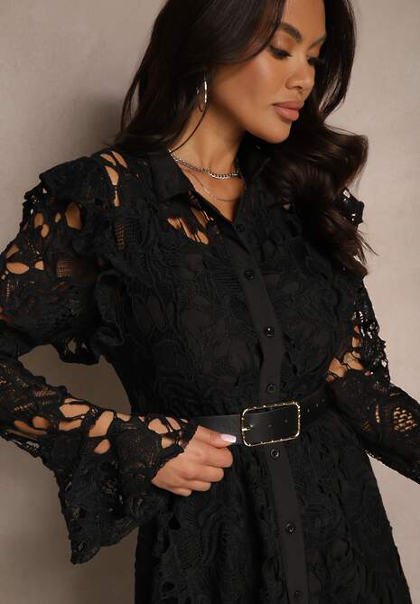 Czarna Koronkowa Maxi Sukienka o Rozkloszowanym Fasonie Sedumma