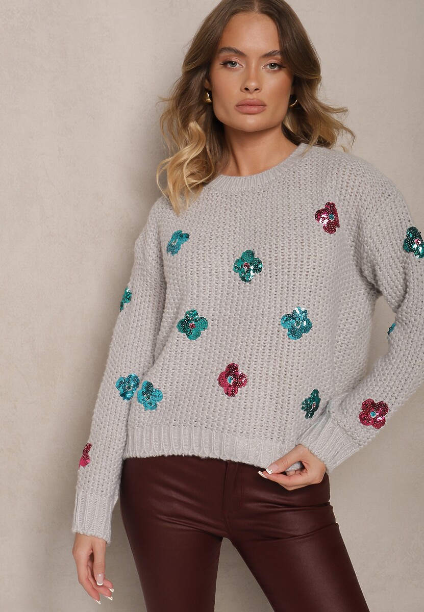 Jasnoszary Sweter z Wiskozą Zdobiony Cekinowymi Aplikacjami z Kwiatami Edalora