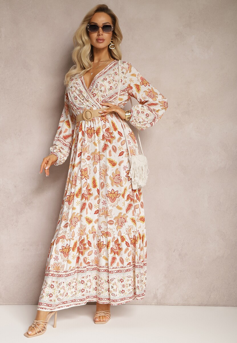 Biało-Beżowa Sukienka Rozkloszowana z Paskiem Verintius