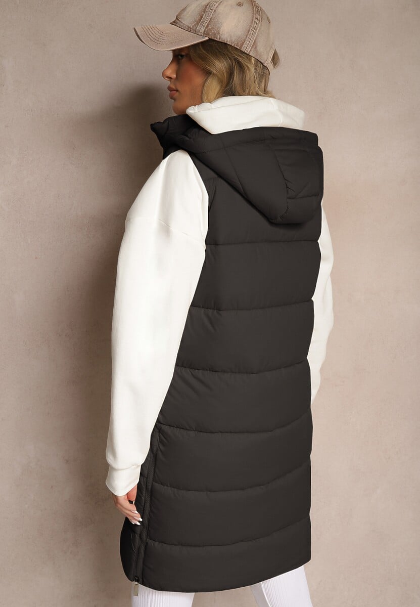 Czarna Kamizelka Pikowana z Kapturem Ozdobiona Sznurkami Eleandra