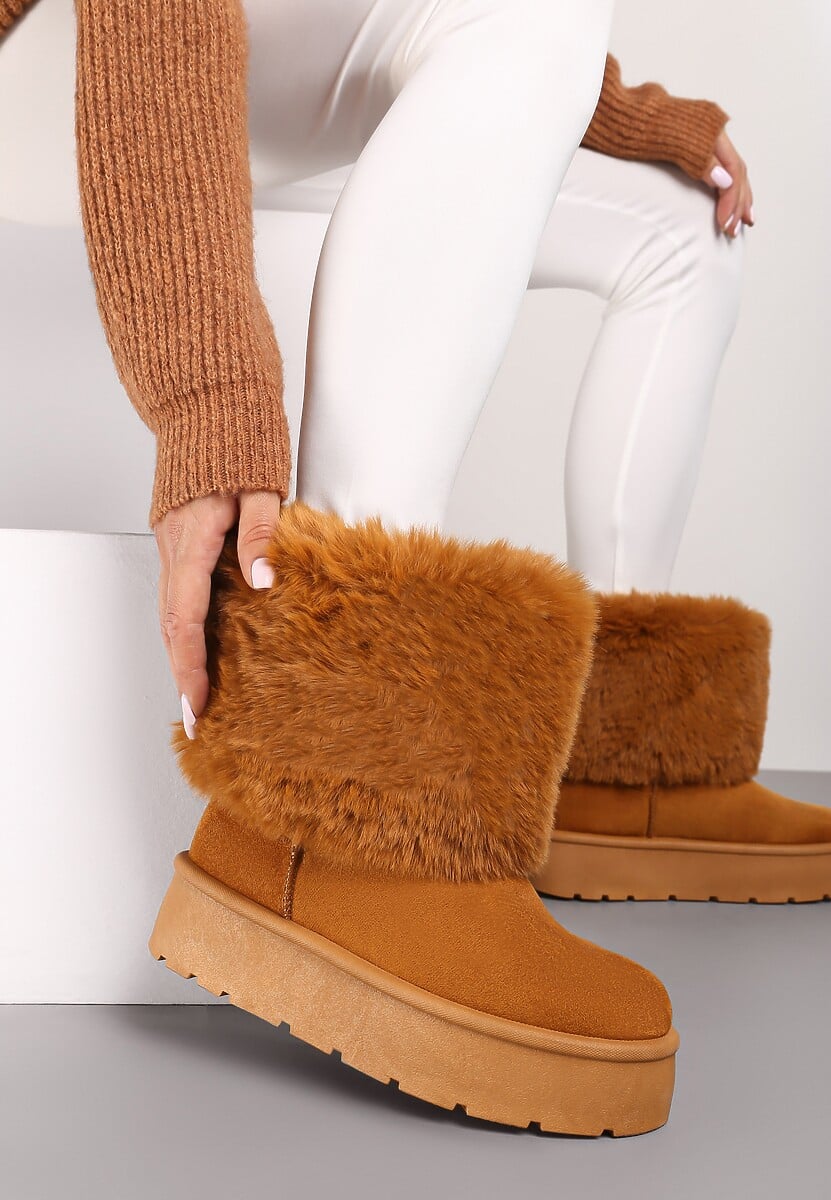 Brązowe Śniegowce na Grubej Podeszwie Ozdobione Futerkiem Naolani