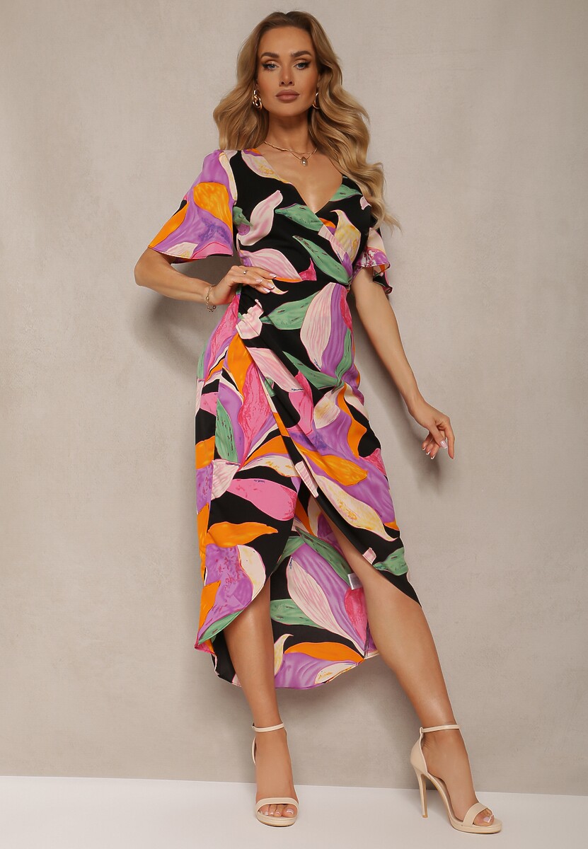 Czarna Kopertowa Sukienka z Krótkim Rękawem Efiole