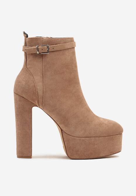 Ciemnobeżowe Botki na Słupku z Platformą Ozdobione Cienkim Paskiem Gebitha