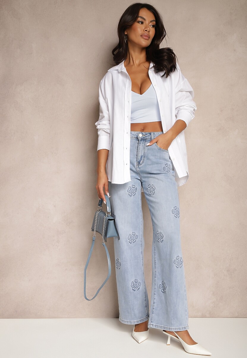 Niebieskie Szerokie Jeansy High Waist Zdobione Wzorem w Kwiaty Firedis