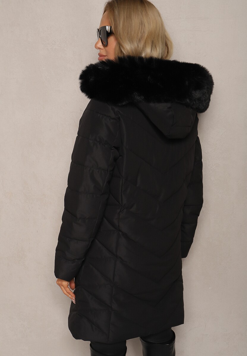 Czarna Długa Kurtka z Pikowanym Wzorem i Odpinanym Futerkiem Raishae