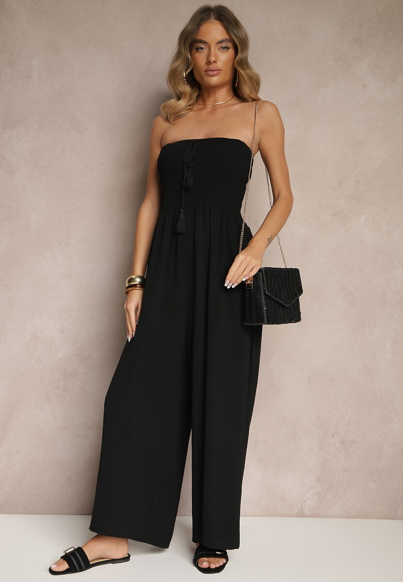 Czarny Kombinezon Bandeau z Szeroką Nogawką Zdobiony Frędzlami Dovaira