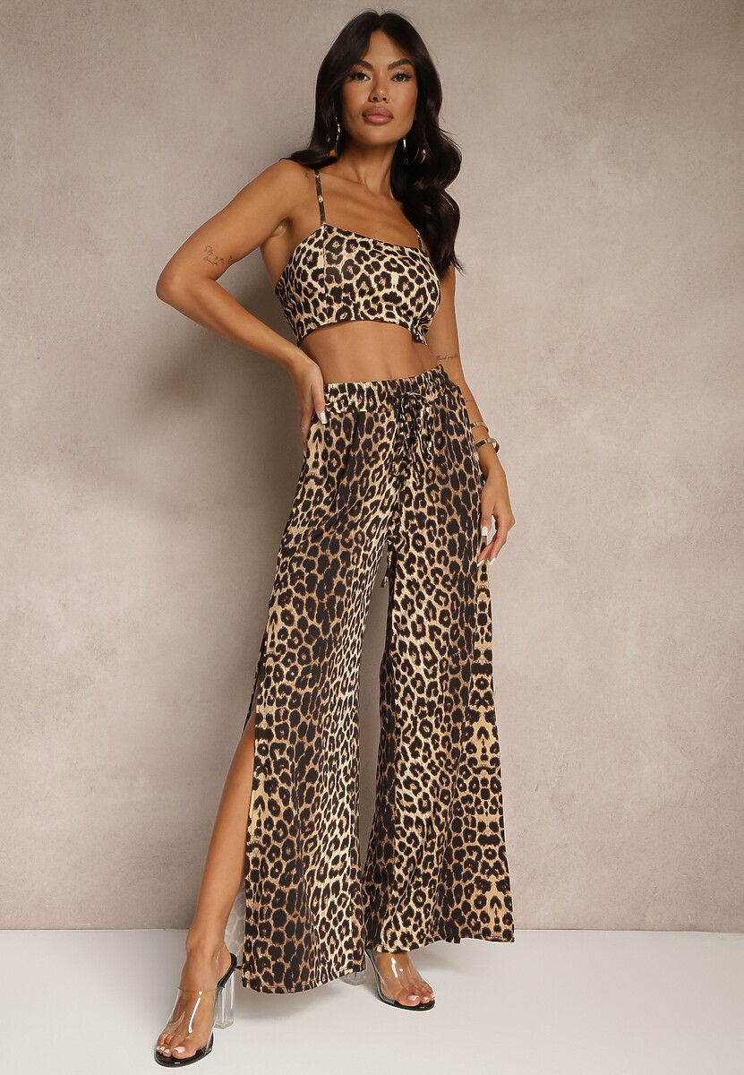 Panterkowy Panterkowy Komplet z Wiskozą Spodnie Ozdobione Rozcięciami i Top Zeralita