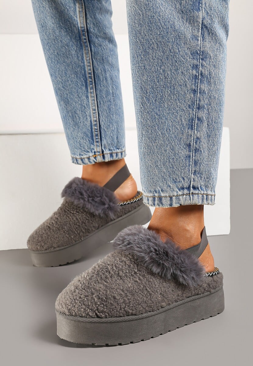 Szare Futerkowe Śniegowce na Grubej Podeszwie z Gumką na Pięcie Sosena