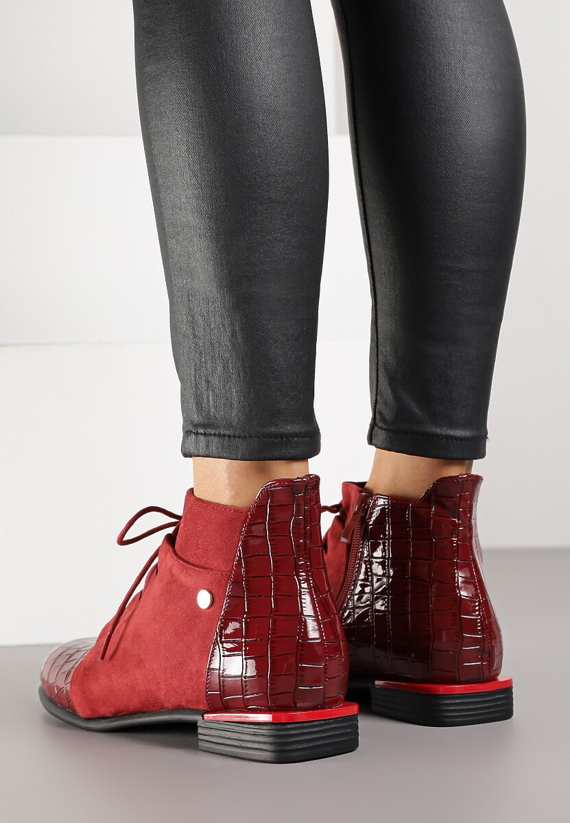 Bordowe Botki Lakierowane Vices Ozdobione Tłoczeniem Uzvila