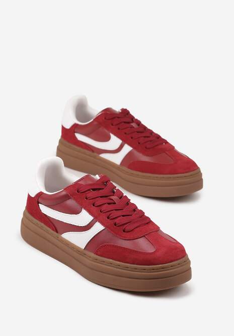 Czerwone Zamszowe Sneakersy Tenisówki Ozdobione Geometrycznym Motywem Nalivette
