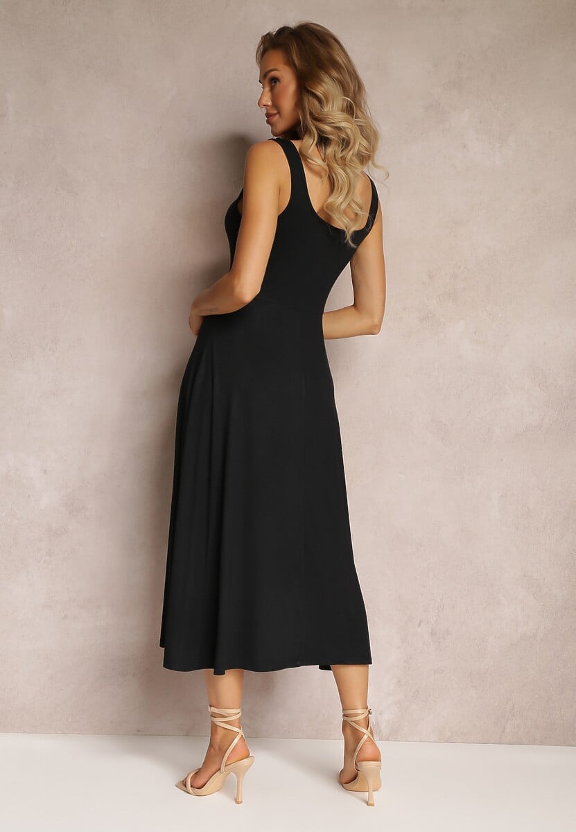 Czarna Midi Sukienka o Rozkloszowanym Fasonie na Szerokich Ramiączkach z Okrągłym Dekoltem Oversoul