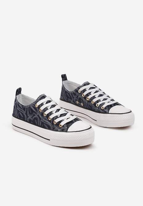 Granatowe Trampki na Platformie Zdobione Wzorem w Serca Gonavith