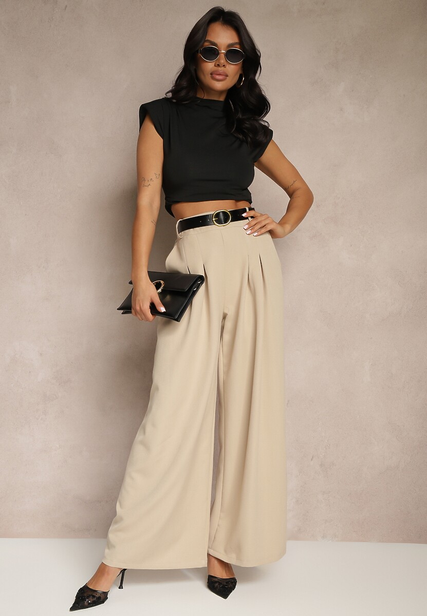 Beżowe Eleganckie Szerokie Spodnie Garniturowe z Wiskozą Ozdobione Paskiem Ravinae